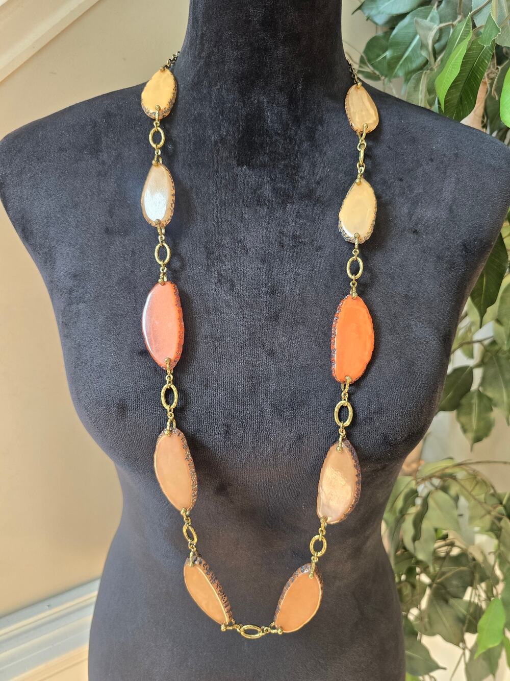 Orange Peach Oval Beaded Long Necklace Gold Tone Boho Station Jewelry